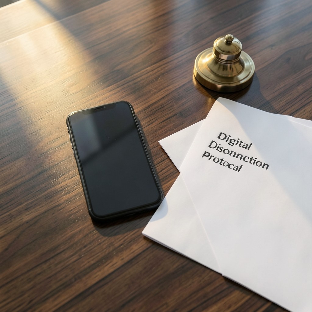 Escritorio con teléfono móvil apagado y documento de protocolo de desconexión laboral