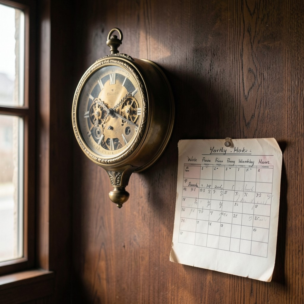 Reloj de pared antiguo junto a un calendario laboral en un despacho de consultoría