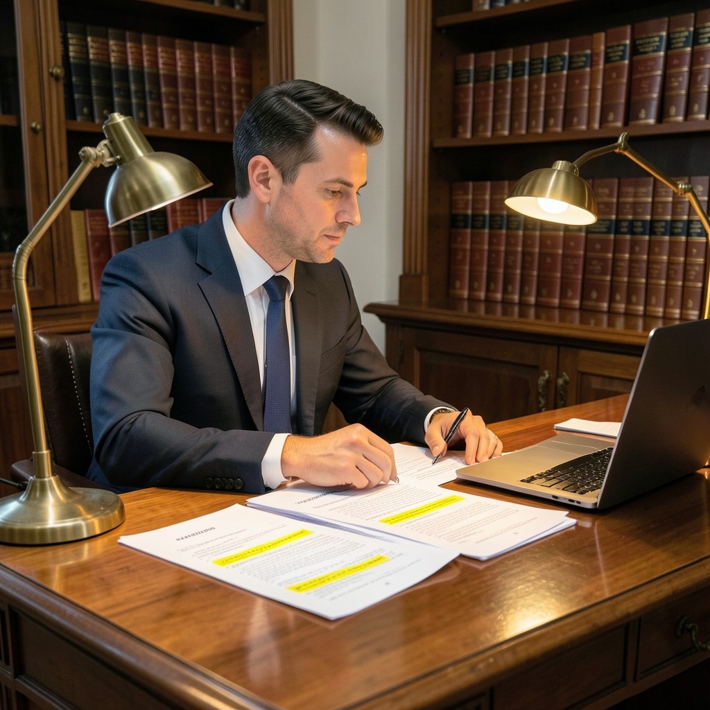 Profesional revisando un acuerdo de teletrabajo en un despacho con estantería de libros jurídicos